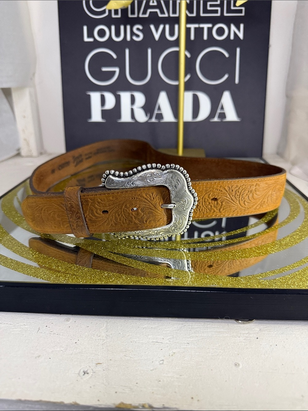 Tony Lama Brown Tooled Leather Belt with Silver Western Buckle